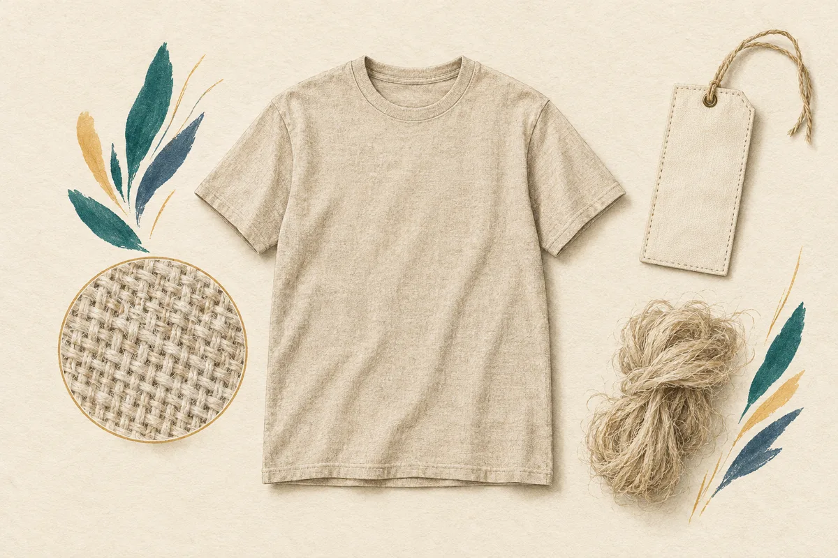 Illustration of an unbranded beige T-shirt beside a blank tag, loose fibers and a circular fabric detail.