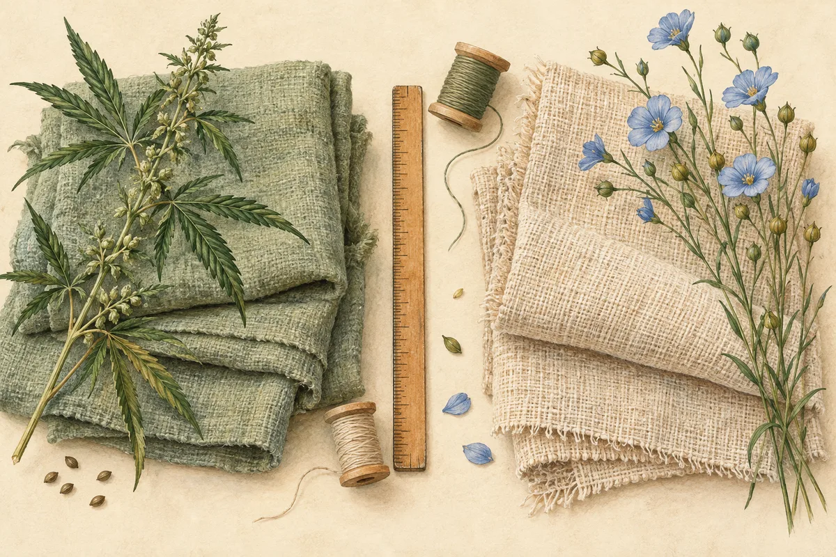 Illustration of sage hemp fabric and beige linen fabric beside botanical sprigs, a ruler and thread spools.
