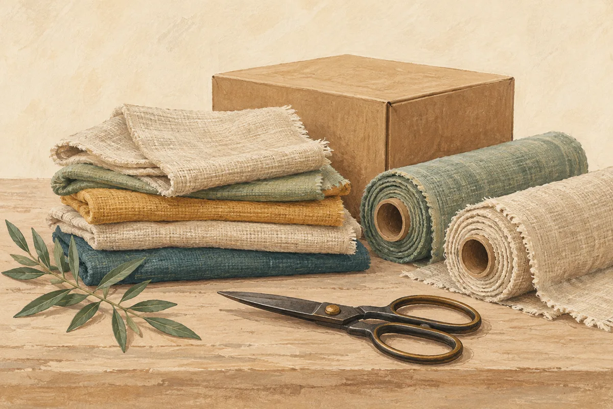 Illustration of folded fabric samples, two cloth rolls, a shipping box and tailor scissors.