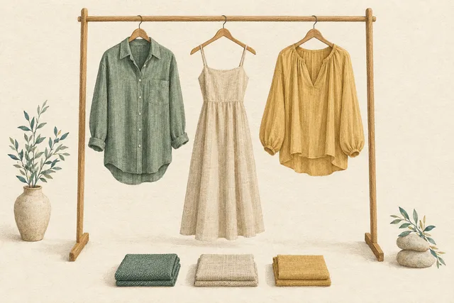 Illustration of natural-fiber clothing on a wooden rail.