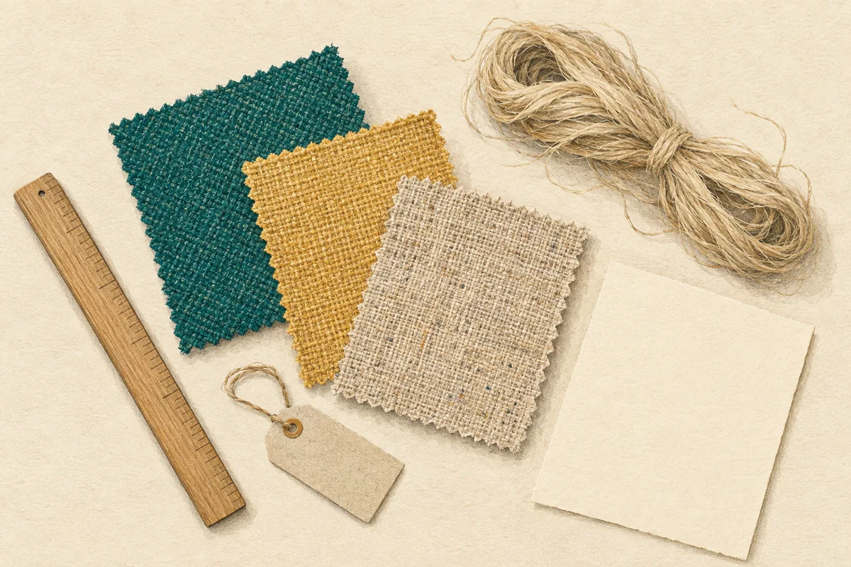 Illustration of teal, ochre and flax fabric swatches with loose fiber, a ruler and a blank specification sheet.
